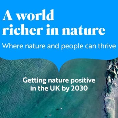 Cover image of RSPB report: a world richer in nature. where nature and people can thrive. Getting nature positive in the UK by 2030. Background image: Snettisham landscape drone coastal aerial view of Norfolk coast, Diana Buzoianu (Shutterstock)
