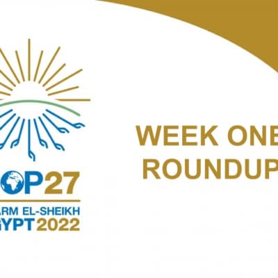 COP27 Logo. Text: COP27. Sharm El-Sheikh. Egypt 2022. Week one roundup.